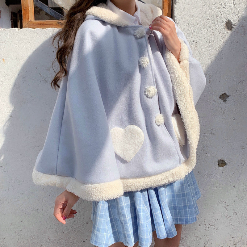 Plus Size New Winter Christmas Japanese Style Hooded Small Shawl Woolen Coat