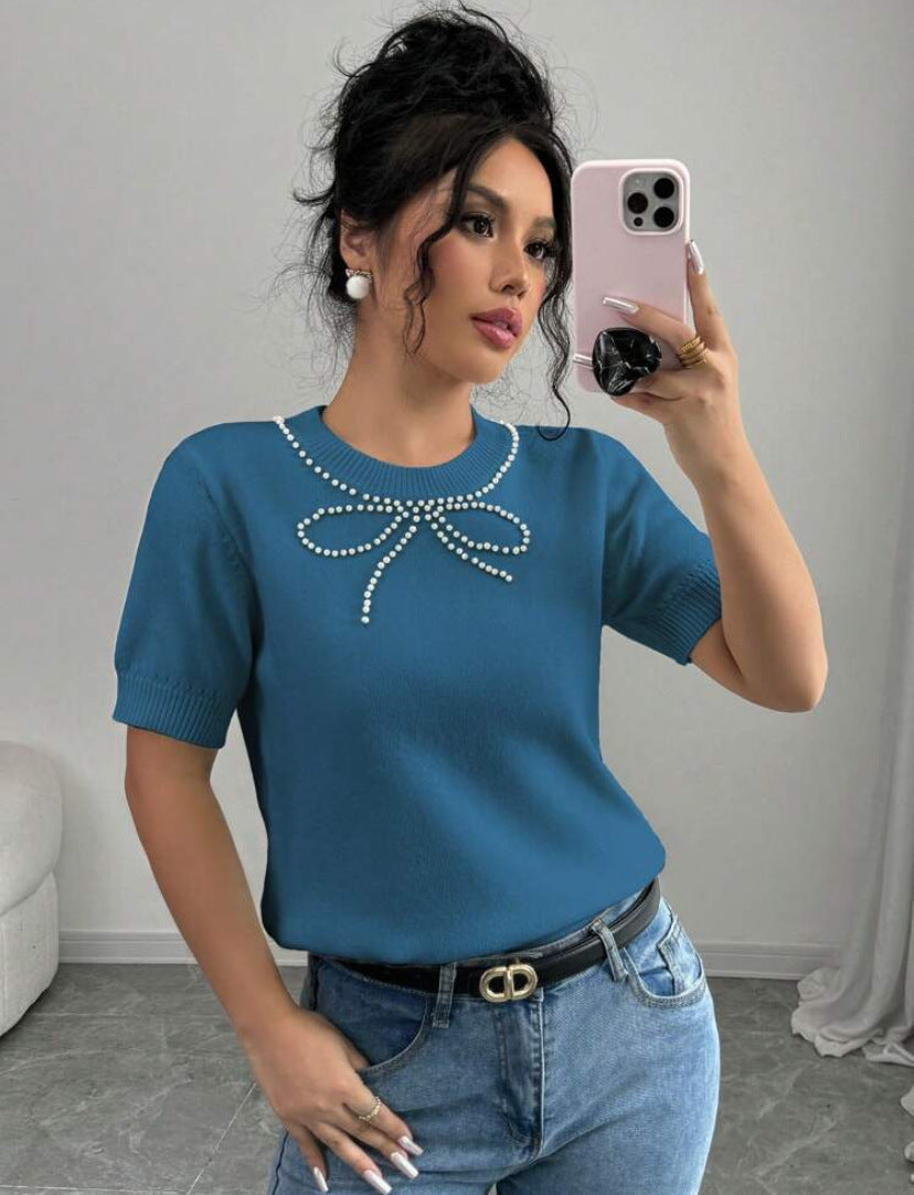 Short Sleeve Bow Rhinestone Slim Top