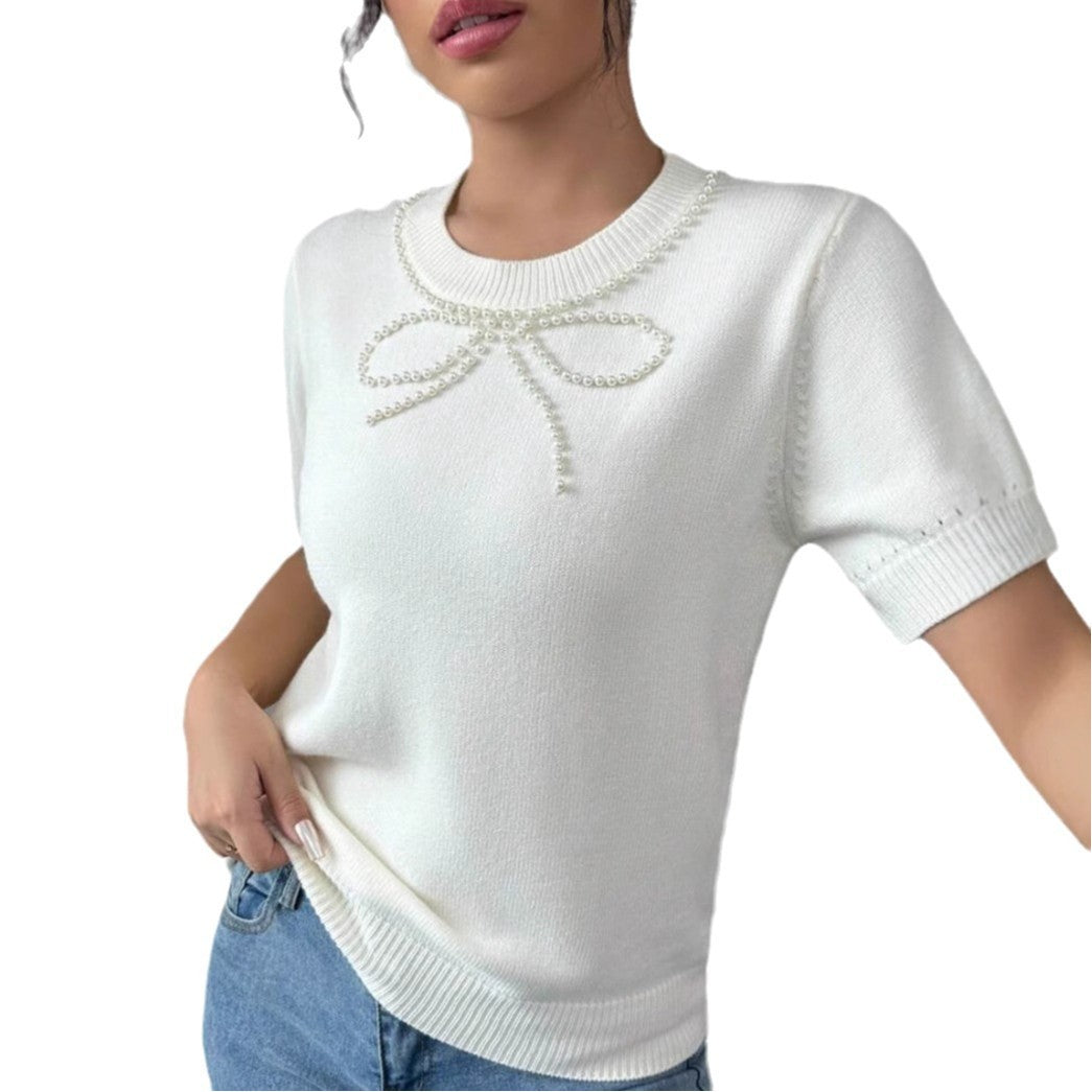 Short Sleeve Bow Rhinestone Slim Top