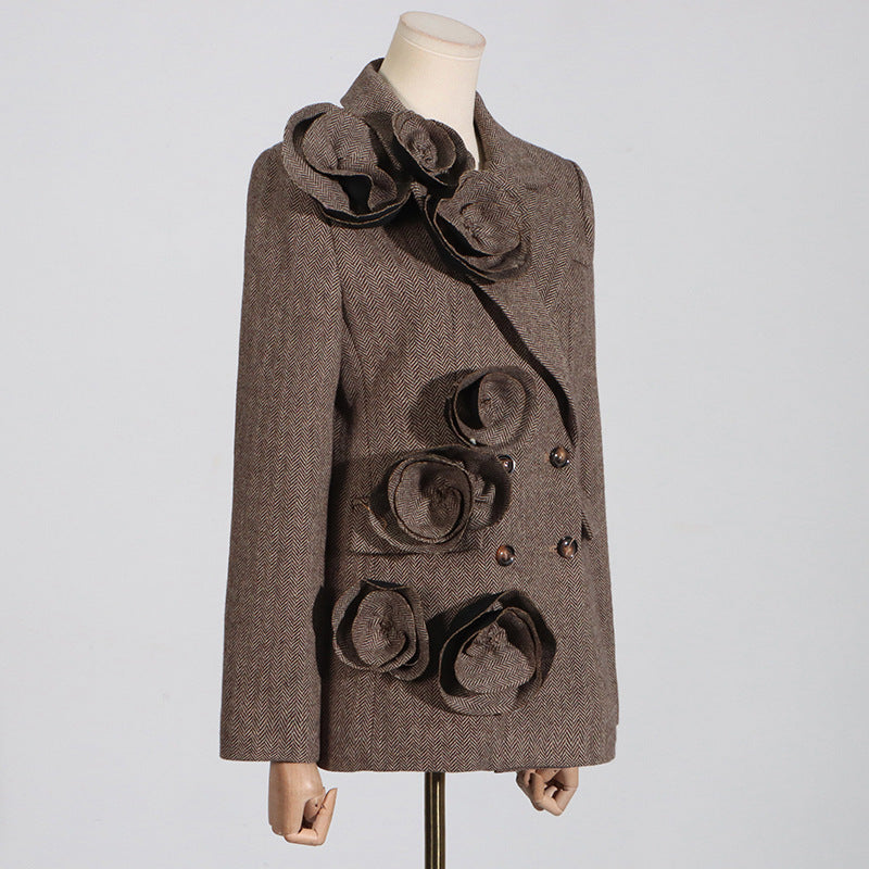 Temperament Commute Style Handmade Three-dimensional Flower Decoration Stitching Double-breasted Women's Suit Jacket