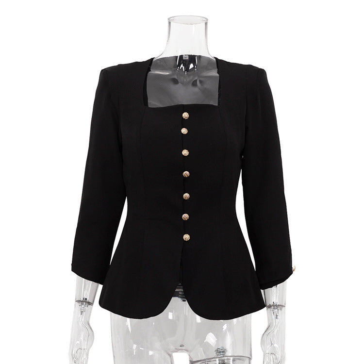 Square Collar Slimming Black Coat