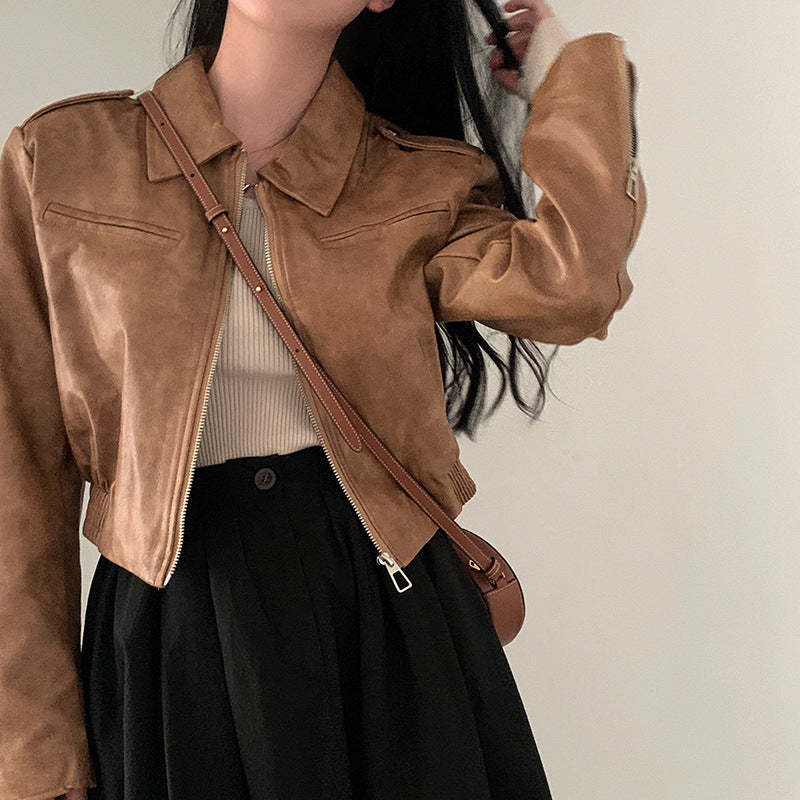 Solid Color Zipper Small Loose Lapels Fashion American Leather Coat Women's