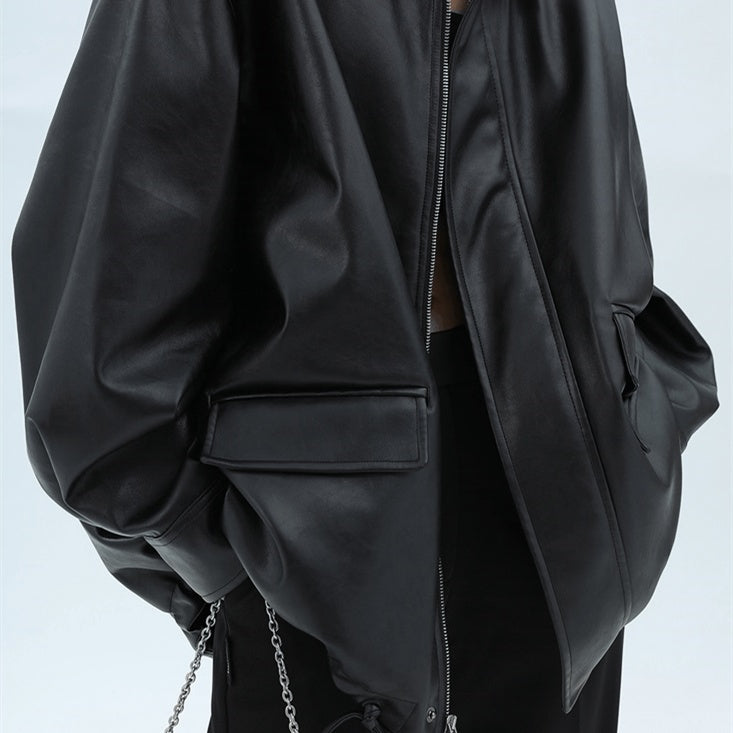 Women's Loose Retro Leather Jacket With Details