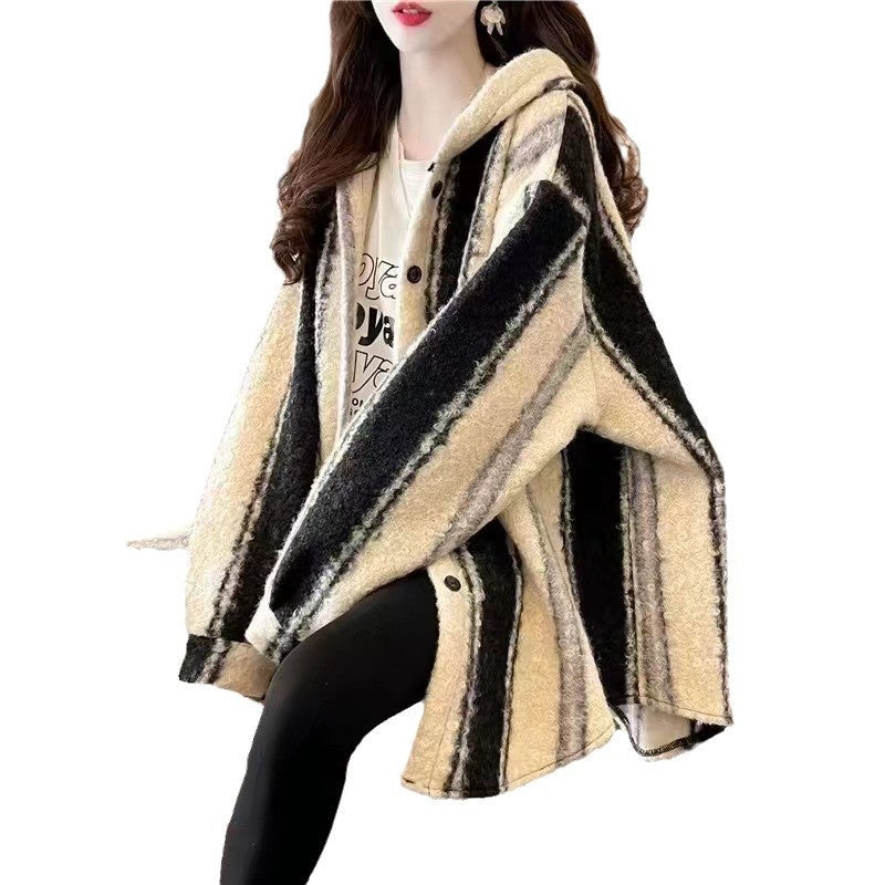 Women's Korean-style Winter Hooded Profile Striped Woolen Coat