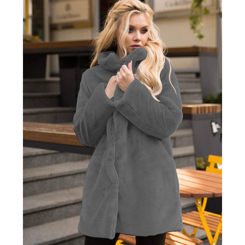 Stand-up Collar Winter Faux Fur Coat Mid-length