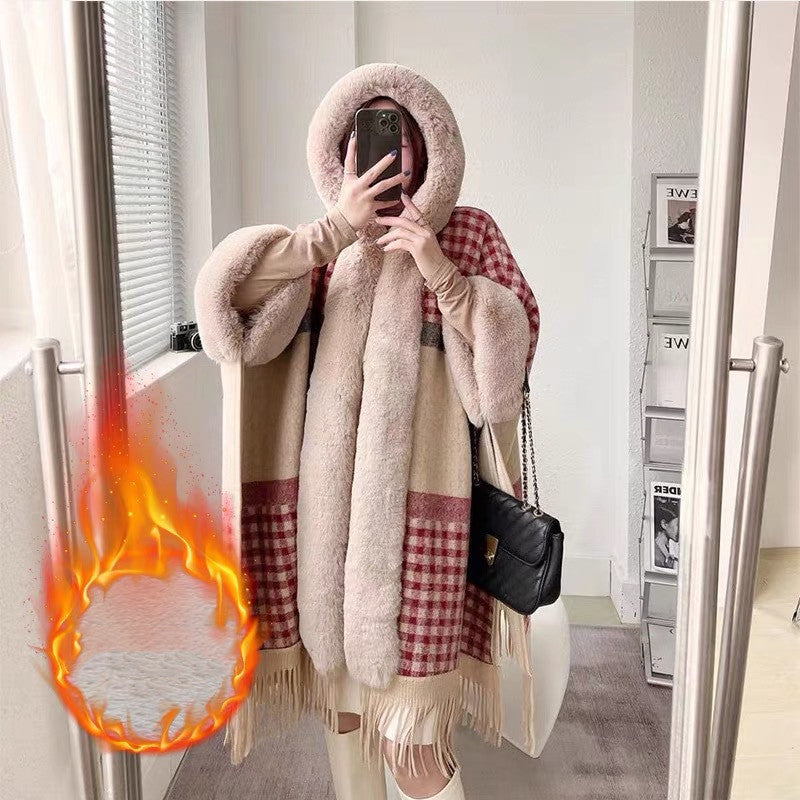 Women's New Loose Plaid And Fleece Collar Knitted Shawl Cape