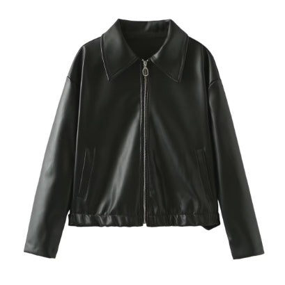 Solid Color Square Collar Leather Jacket Coat