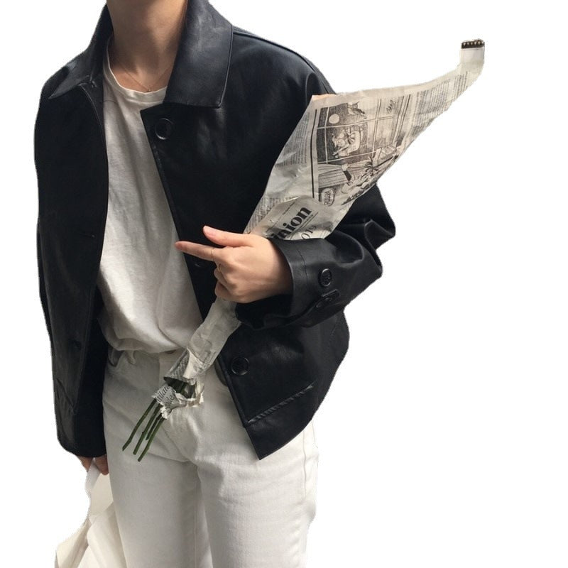 Handsome Retro Simple Casual Loose All-match Solid Color Matte Leather Jacket