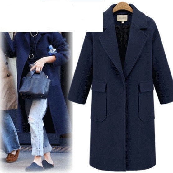 Long Casual Woolen Coat, Lapel Large Pocket Coat