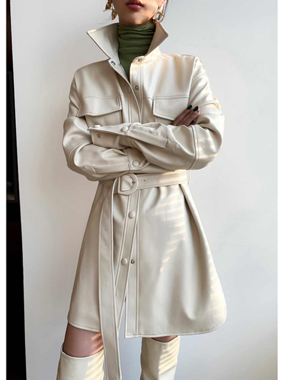 Retro White Shirt Leather Coat Women's Mid-length Cinched Blouse