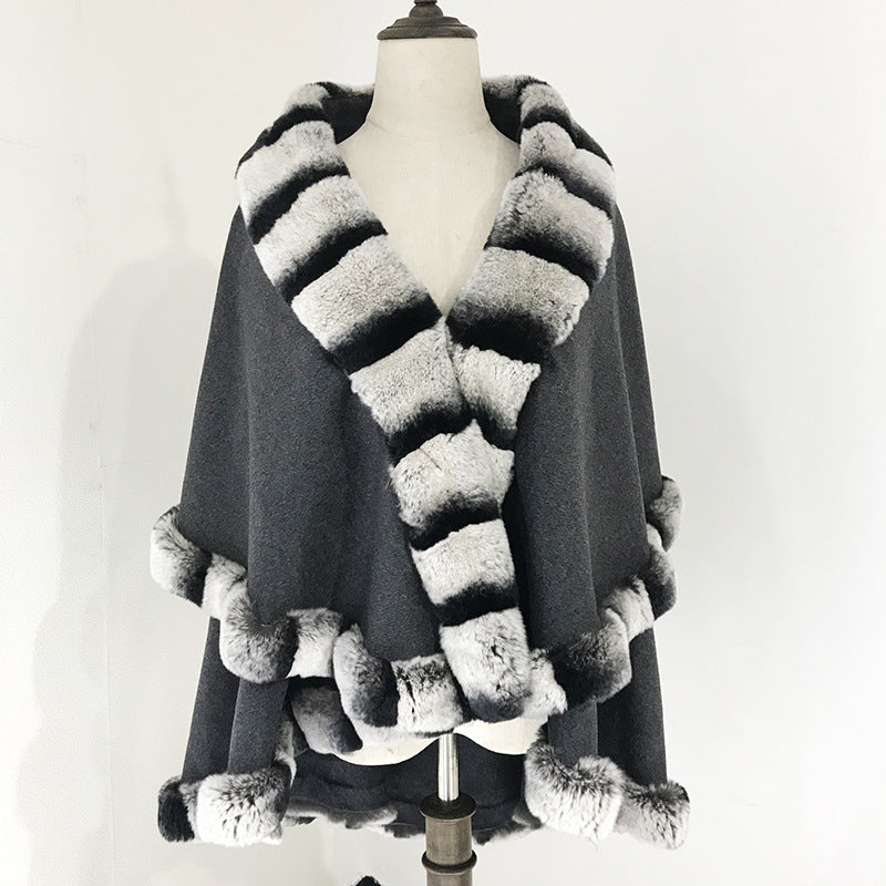 Shawl Cloak Fox Fur Stitching Cashmere Coat