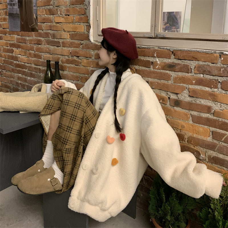 Temperament All-match Plush Thickened V-neck Top Lamb Wool Coat Women