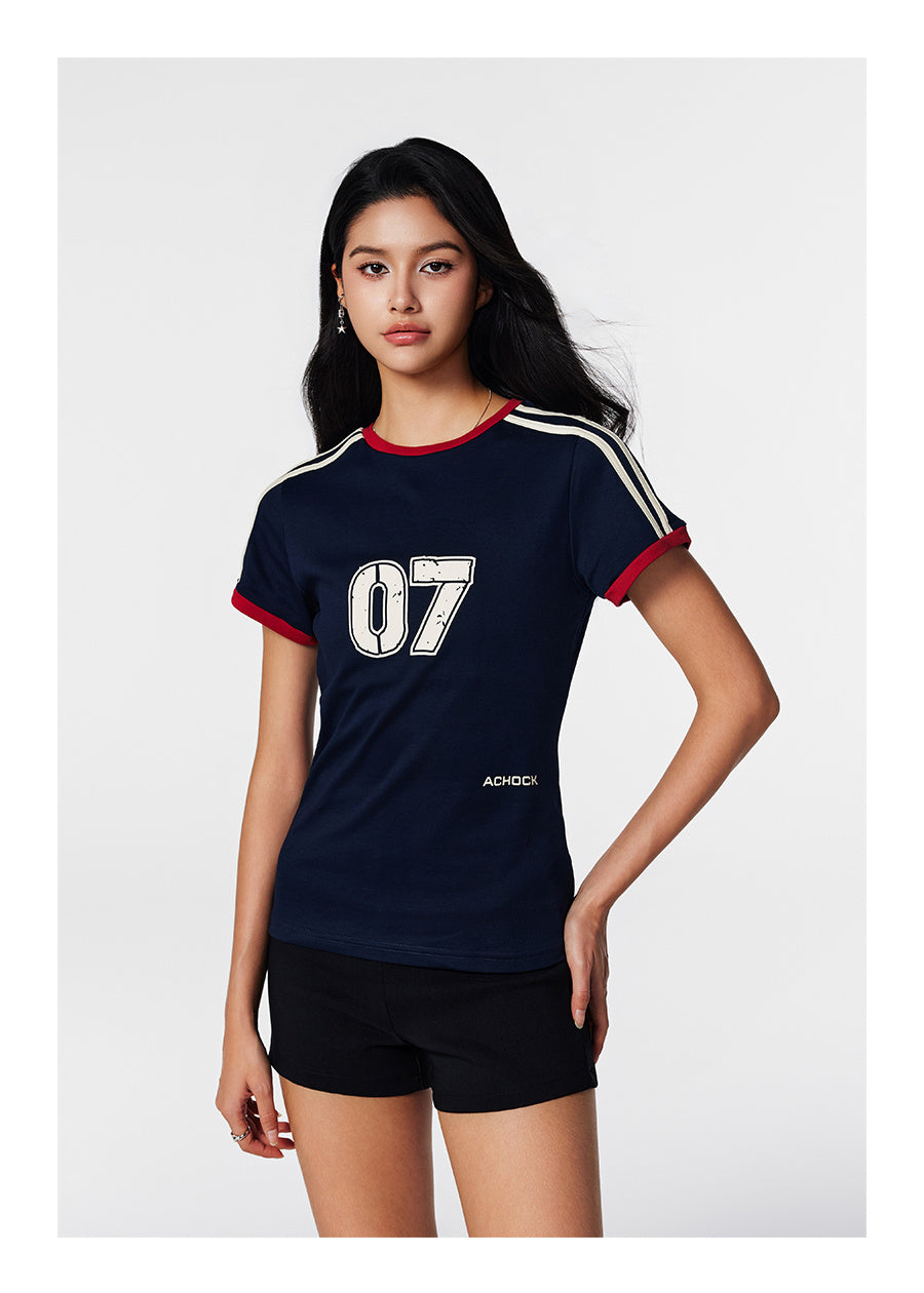 Retro Women's Contrast Color Striped Stitching Short Sleeve