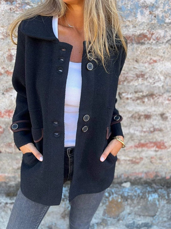 Solid Color Polo Collar Single-breasted Long Sleeve Coat