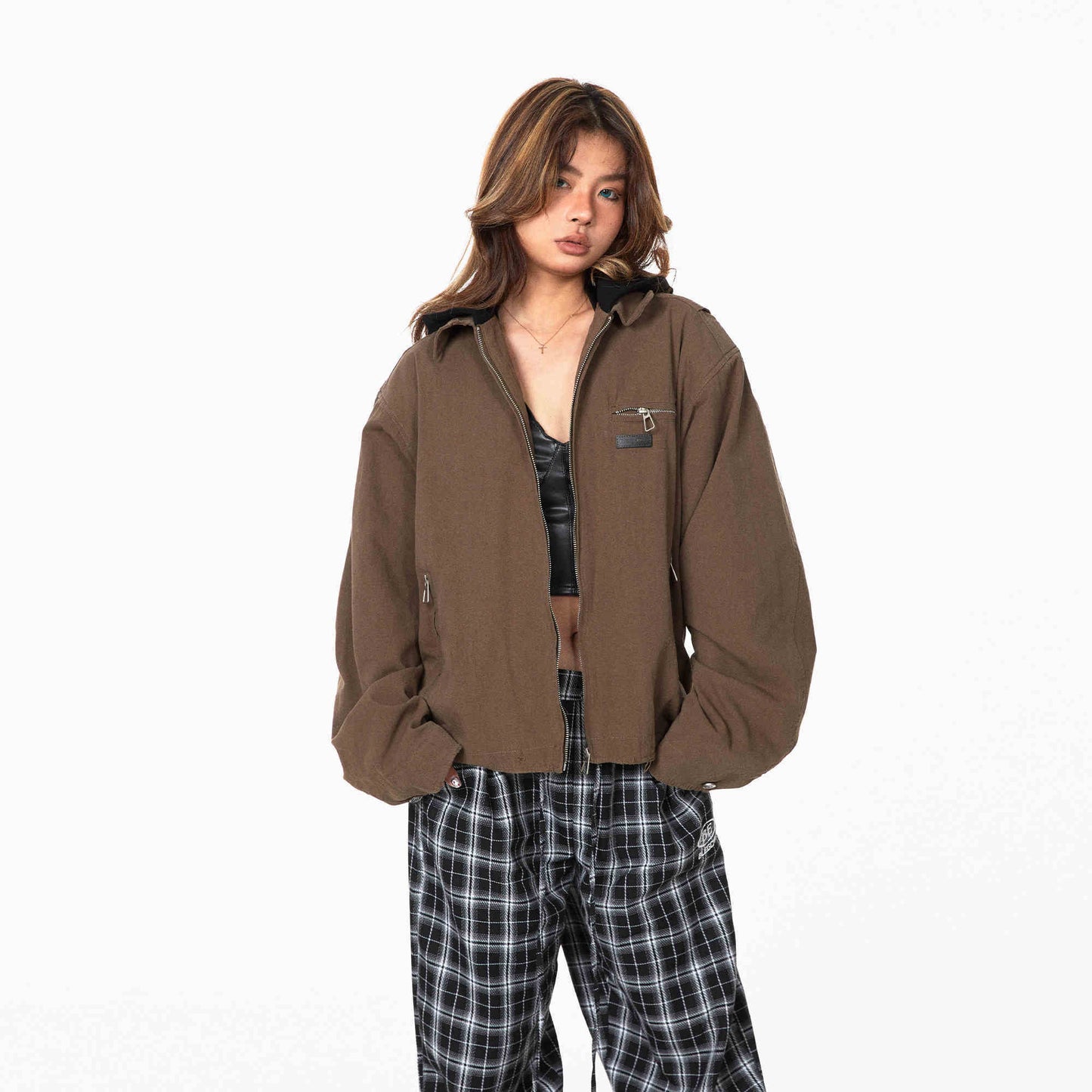 Retro Fake Two-piece Street Motorcycle Clothing Women's Lapel Patch Jacket Coat