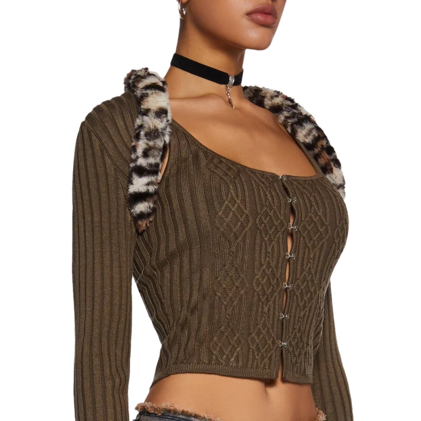 Slim-fit Fleece Patchwork Knitting Top Two-piece Set