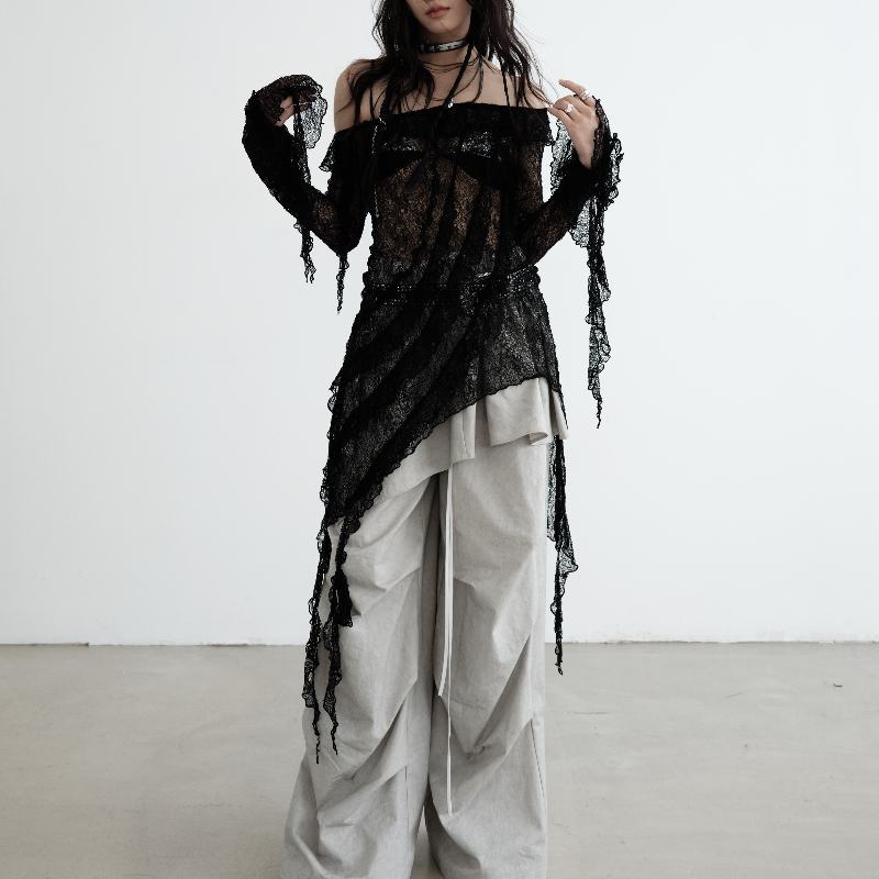 Ruffled Off-the-shoulder Hollow-out Cool Stretch Sun Protective Blouse
