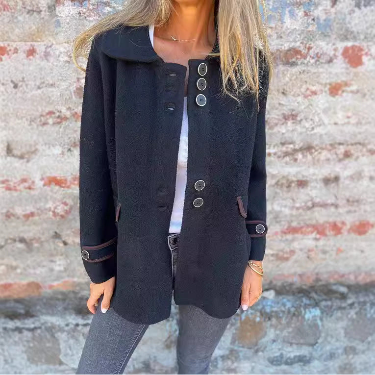 Solid Color Polo Collar Single-breasted Long Sleeve Coat