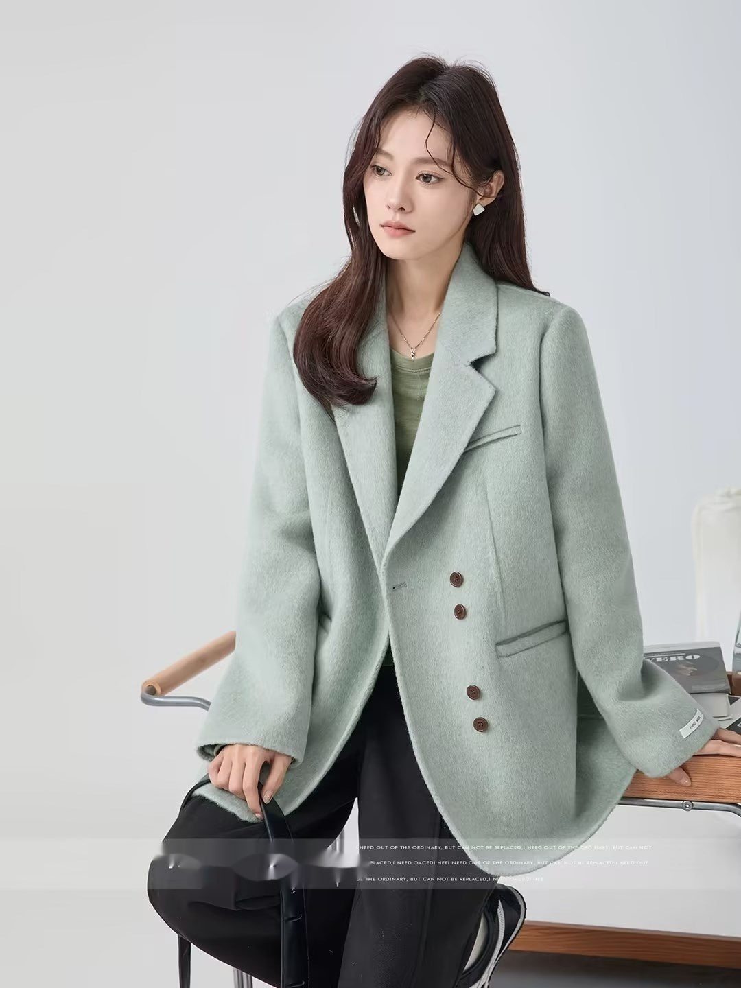 Green Chic Elegant Suit Collar Woolen Coat