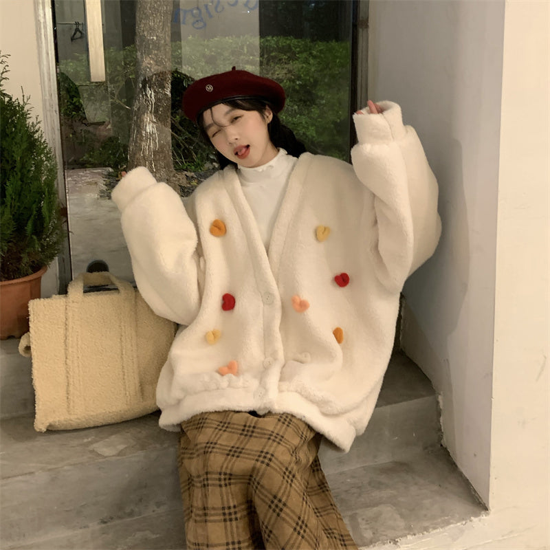 Temperament All-match Plush Thickened V-neck Top Lamb Wool Coat Women