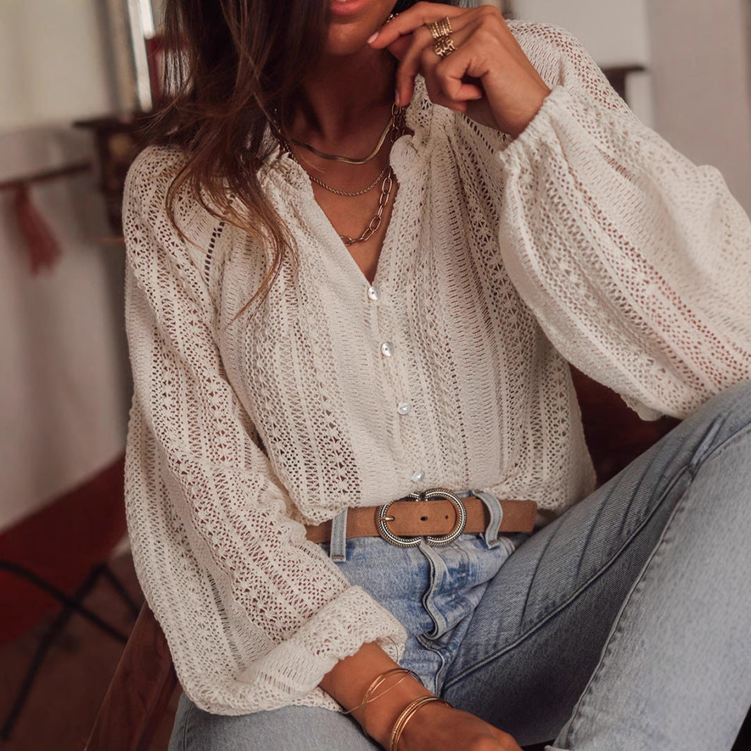 Solid Color Hollow Loose Long Sleeve Top