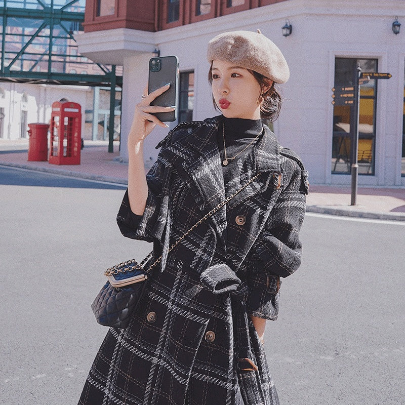 Women's Loose And Thick Mid-length French Plaid Woolen Coat