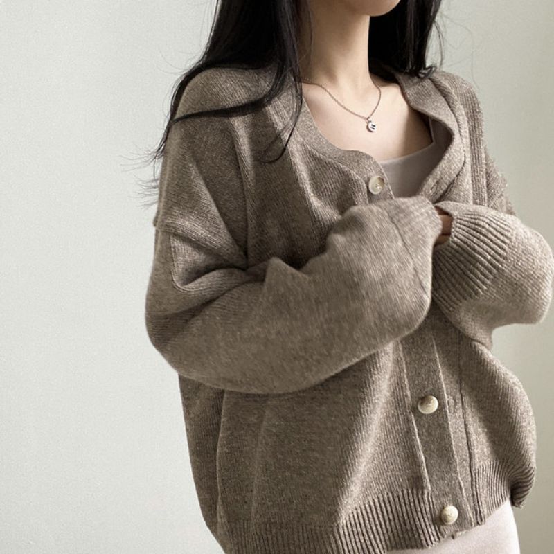 Retro V-neck Buckle Loose Leisure All-matching Long Sleeve Thick Knitted Cardigan Coat For Women