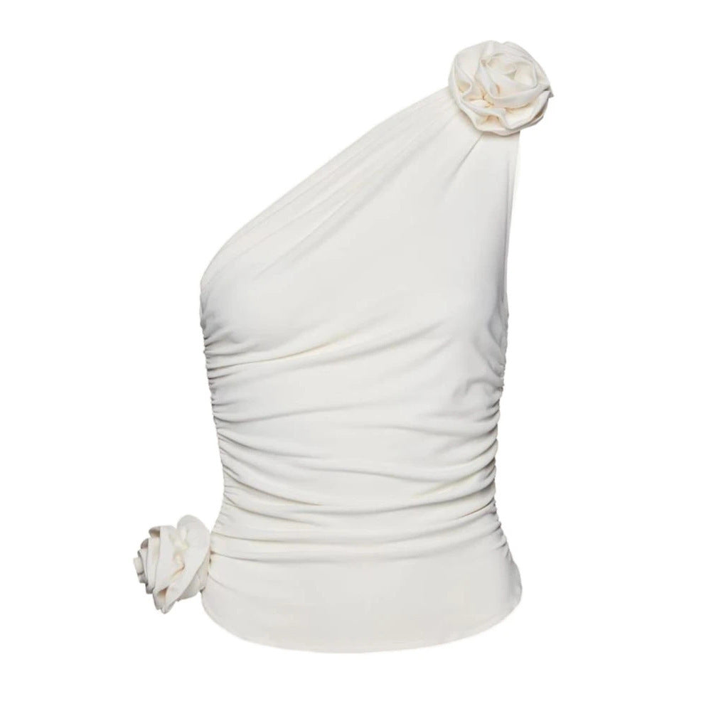 Sleeveless Sloping Shoulder Backless Top Women's Three-dimensional Flower Sexy Slimming High-grade Vest