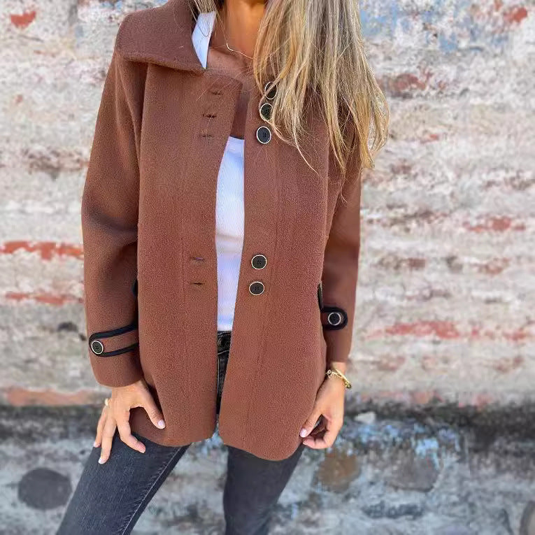 Solid Color Polo Collar Single-breasted Long Sleeve Coat