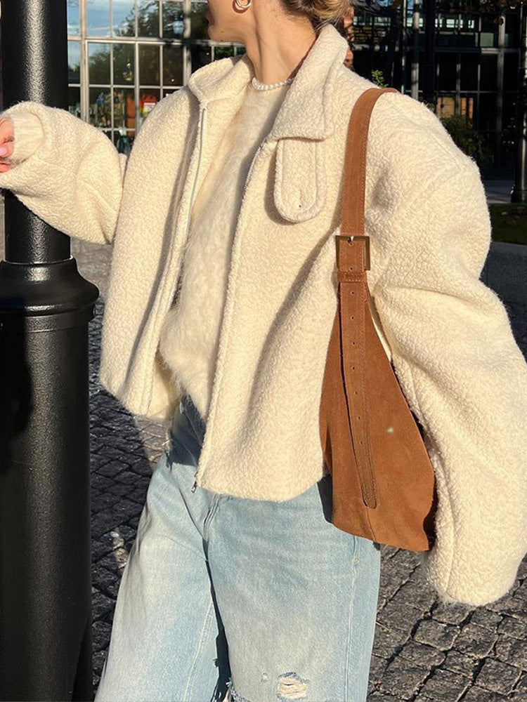 Solid Color Short Lamb Wool Thickened Autumn And Winter Warm Casual Jacket Coat