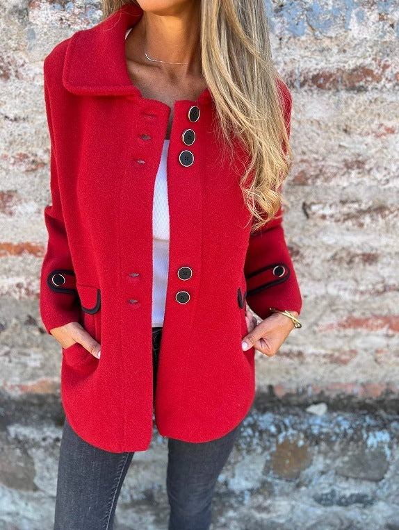 Solid Color Polo Collar Single-breasted Long Sleeve Coat
