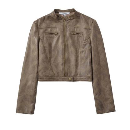 Retro Distressed Short Jacket Women's Slim Stand Collar Faux Deerskin