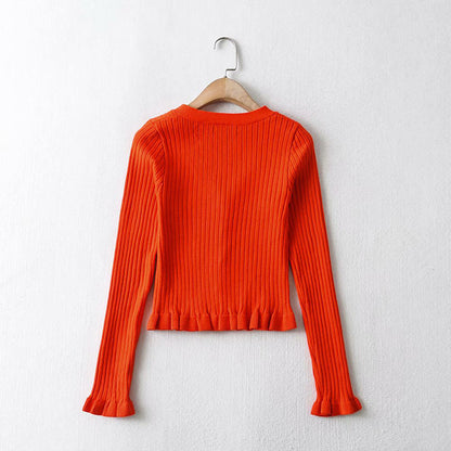 Retro V-neck Tree Fungus-like Lacework Slim Fit Slimming And Short Long Sleeve Base Knitting Cardigan Top