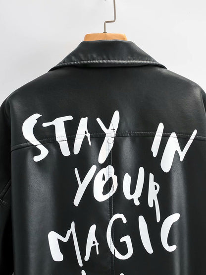 Female Alphabet Zipper Casual Fashion Leather Jacket