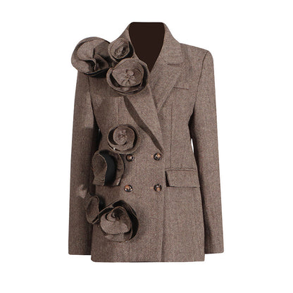 Temperament Commute Style Handmade Three-dimensional Flower Decoration Stitching Double-breasted Women's Suit Jacket
