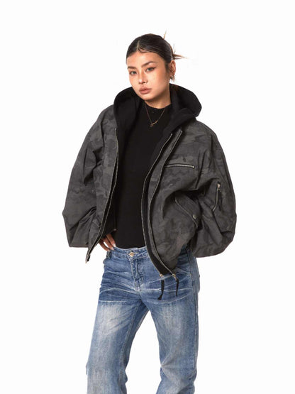 Retro Workwear Camouflage Coat Women Fake Two Pieces Loose Jacket
