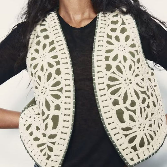Retro Hollow Embroidery Cotton-padded Jacket Vest