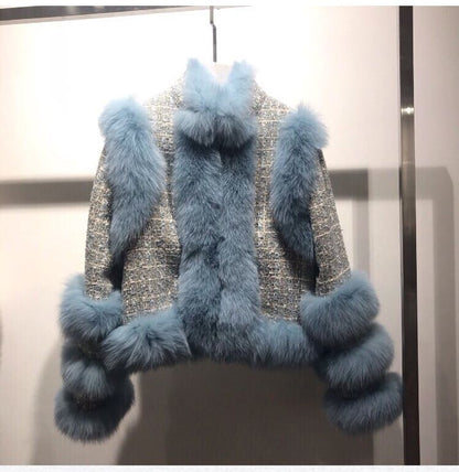Winter New Fox Fur Tweed Woollen Stitching Top Short Women's Coat
