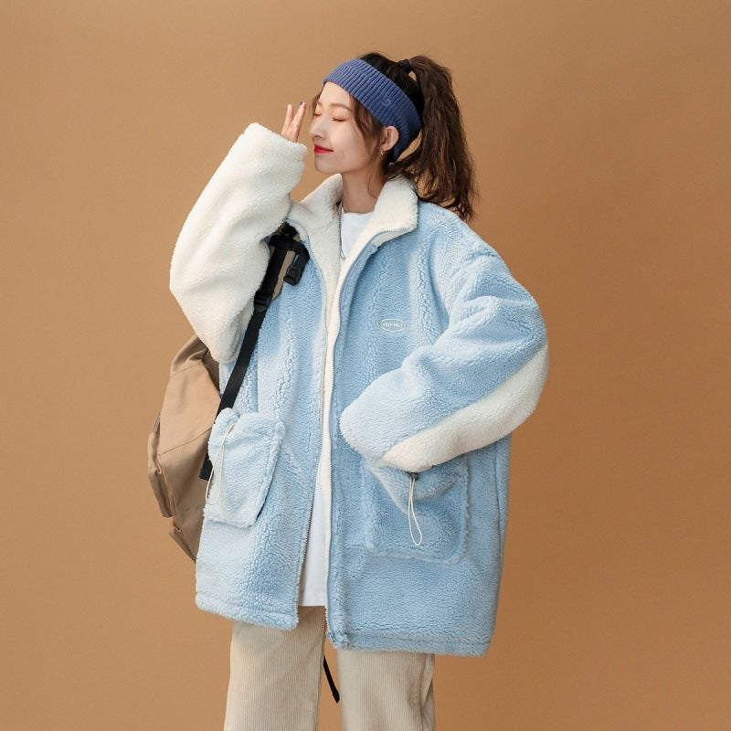 Stitching Lamb Wool Casual Loose Couple All-match Cotton Jacket