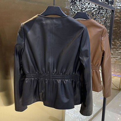 Round Neck Washed Leather Single-breasted Waist Slim Fit Coat