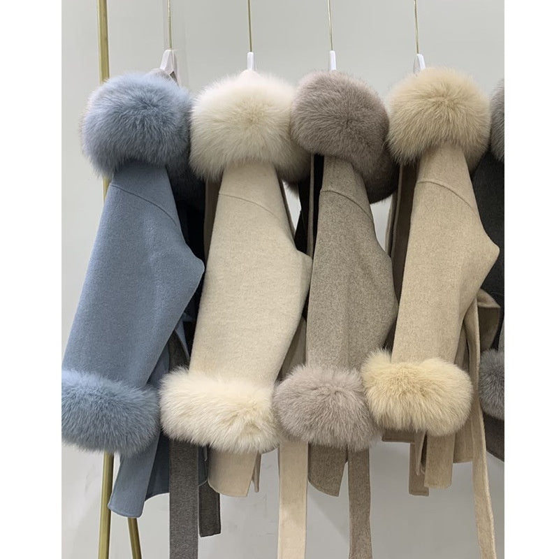 Hooded Reversible Cashmere Mid-length Fox Fur Collar Woolen Coat