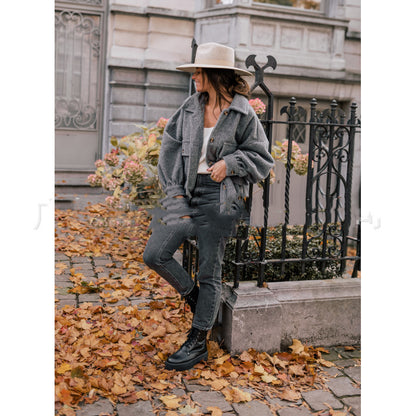 Solid color woolen coat with double pockets