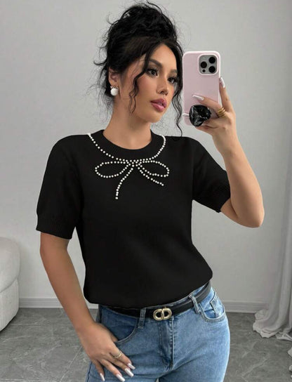 Short Sleeve Bow Rhinestone Slim Top