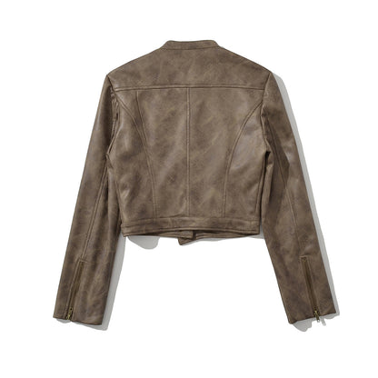 Retro Distressed Short Jacket Women's Slim Stand Collar Faux Deerskin