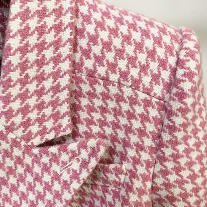 Pink Houndstooth Wool Coat Retro Double-breasted