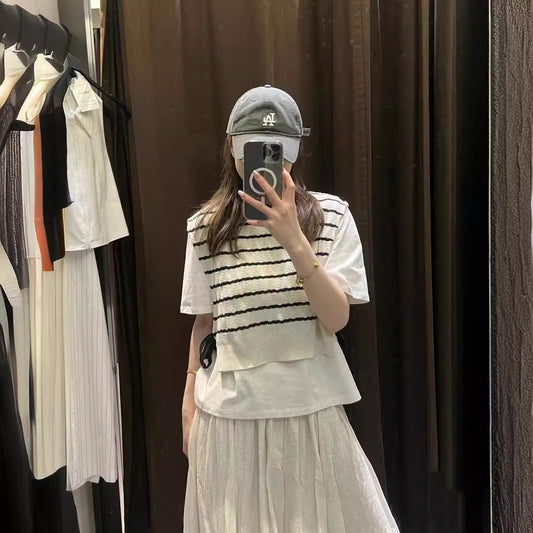 Round Neck Knitted Stitching Fake Two-piece Stripes Short Sleeve T-shirt Top