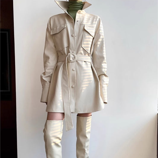 Retro White Shirt Leather Coat Women's Mid-length Cinched Blouse