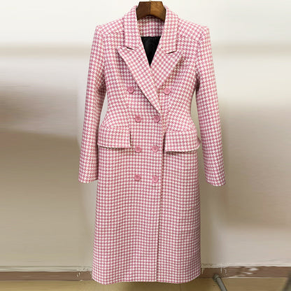 Pink Houndstooth Wool Coat Retro Double-breasted