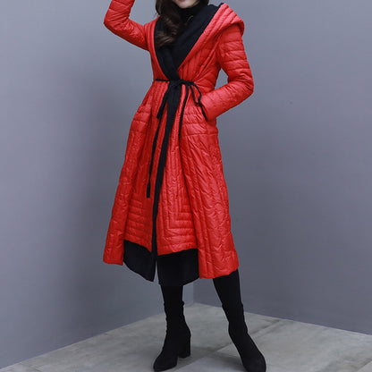 Women's knee-length hooded white duck down jacket