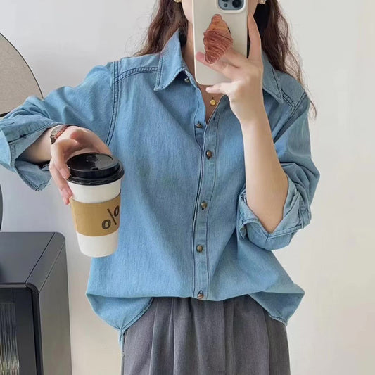 Blue Denim Shirt Jacket Women's Small Long-sleeved Top